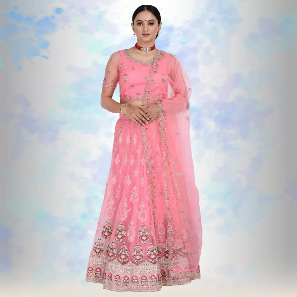 Pink pure net Lehenga Choli with multicolor embroidery