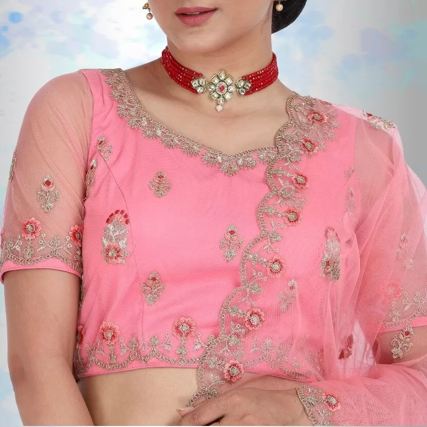 Pink pure net Lehenga Choli with multicolor embroidery