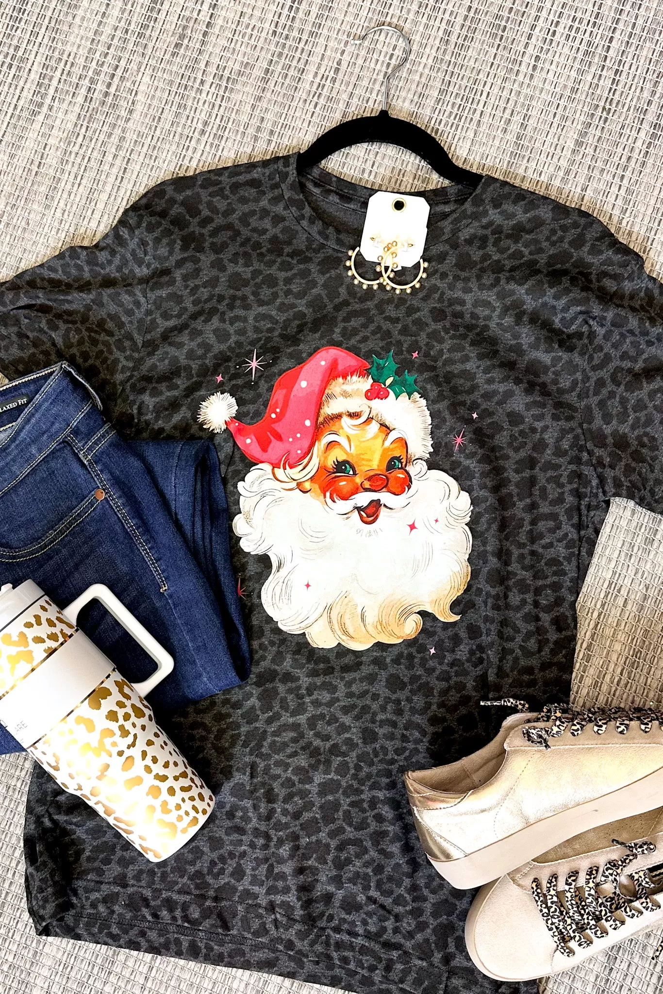 Pink Vintage Santa Graphic Tee, Black Leopard