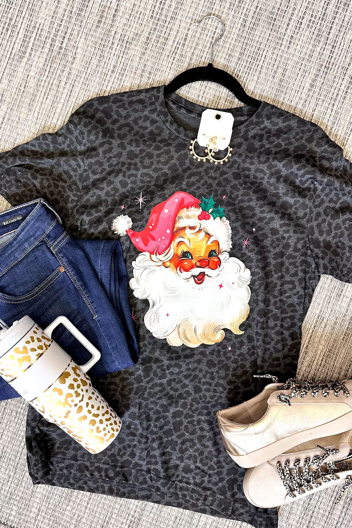 Pink Vintage Santa Graphic Tee, Black Leopard