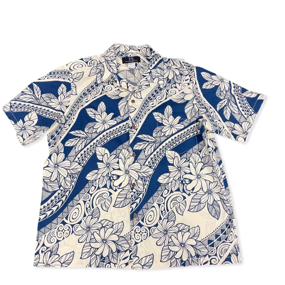 Polynesian Print with Flower Hawaiian Shirt | Red and Blue