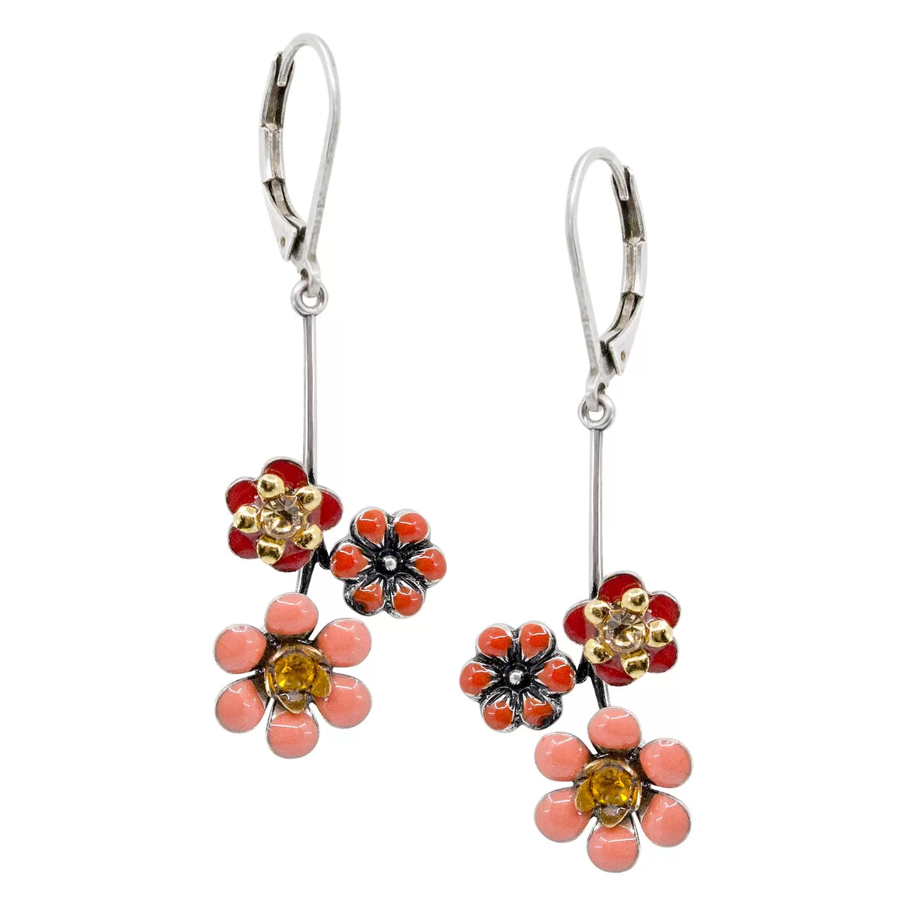 Red and Pink Drop Flower Earrings by Eric et Lydie