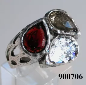 Roman glass silver ring / Sterling Silver Texture Band Ring / set with Roman Glass and faceted garnet and smokey Quartz