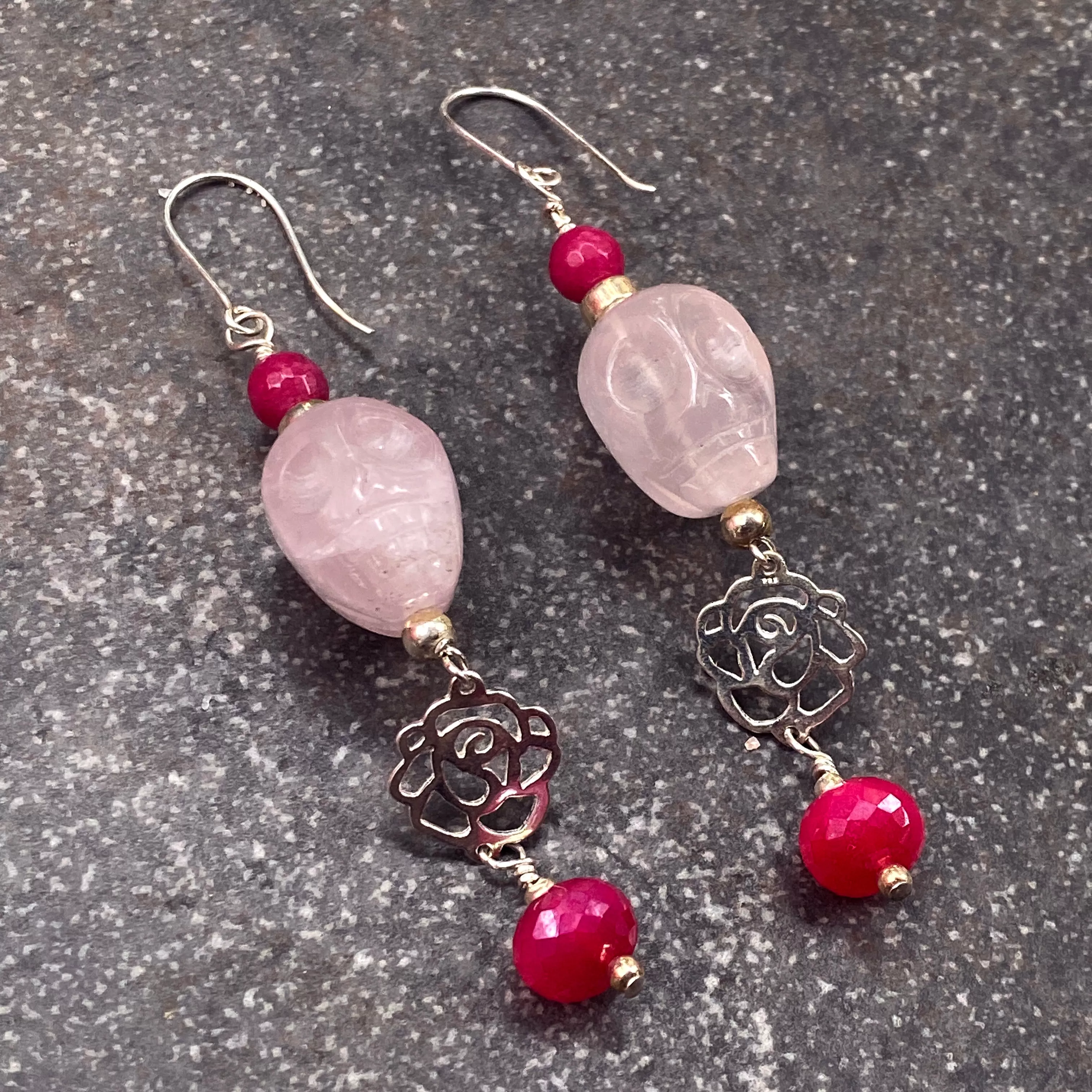 Rose Quartz Gemstone Skulls, Pink Jade, Pink chalcedony with Sterling Silver Rose  Drop Earrings