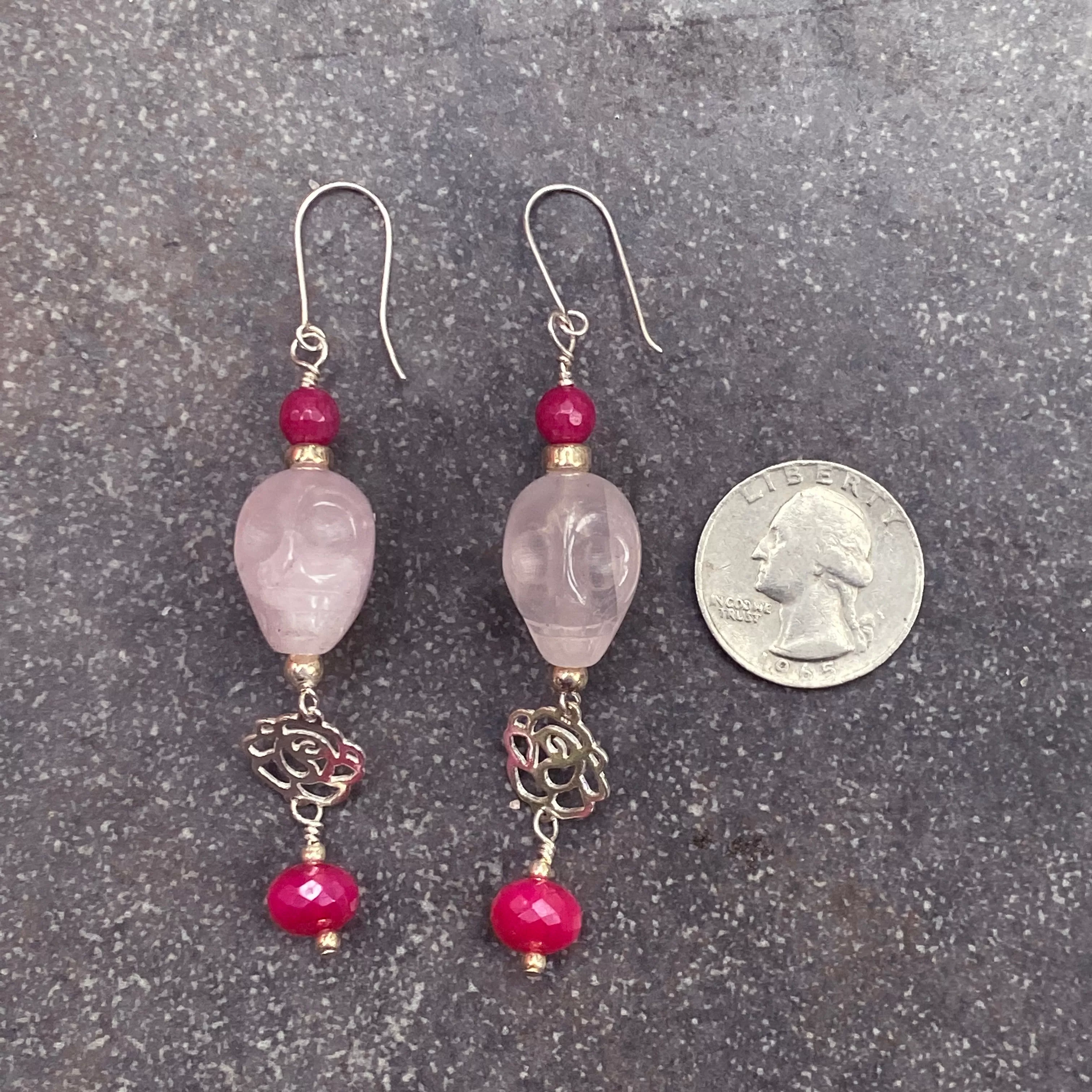 Rose Quartz Gemstone Skulls, Pink Jade, Pink chalcedony with Sterling Silver Rose  Drop Earrings