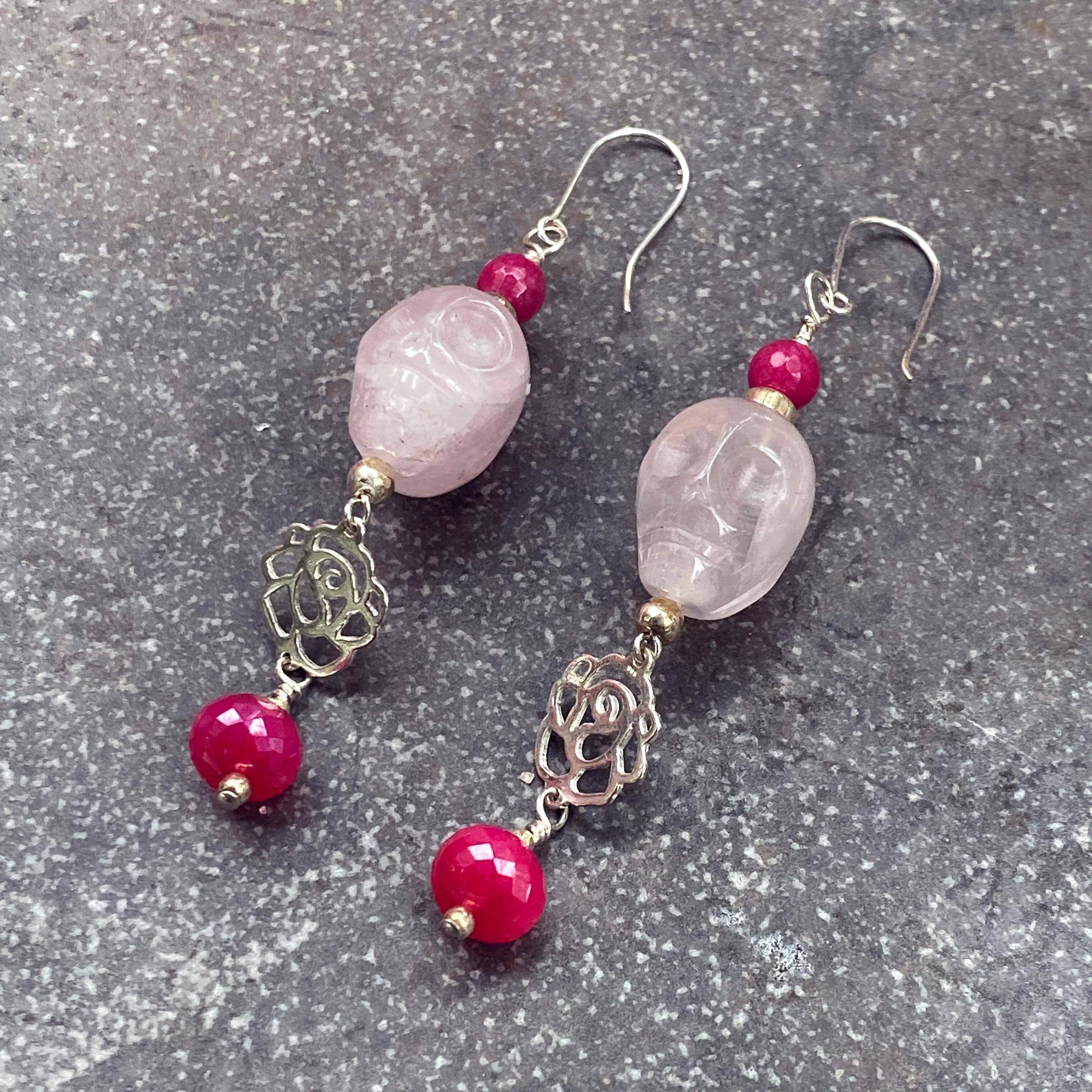 Rose Quartz Gemstone Skulls, Pink Jade, Pink chalcedony with Sterling Silver Rose  Drop Earrings