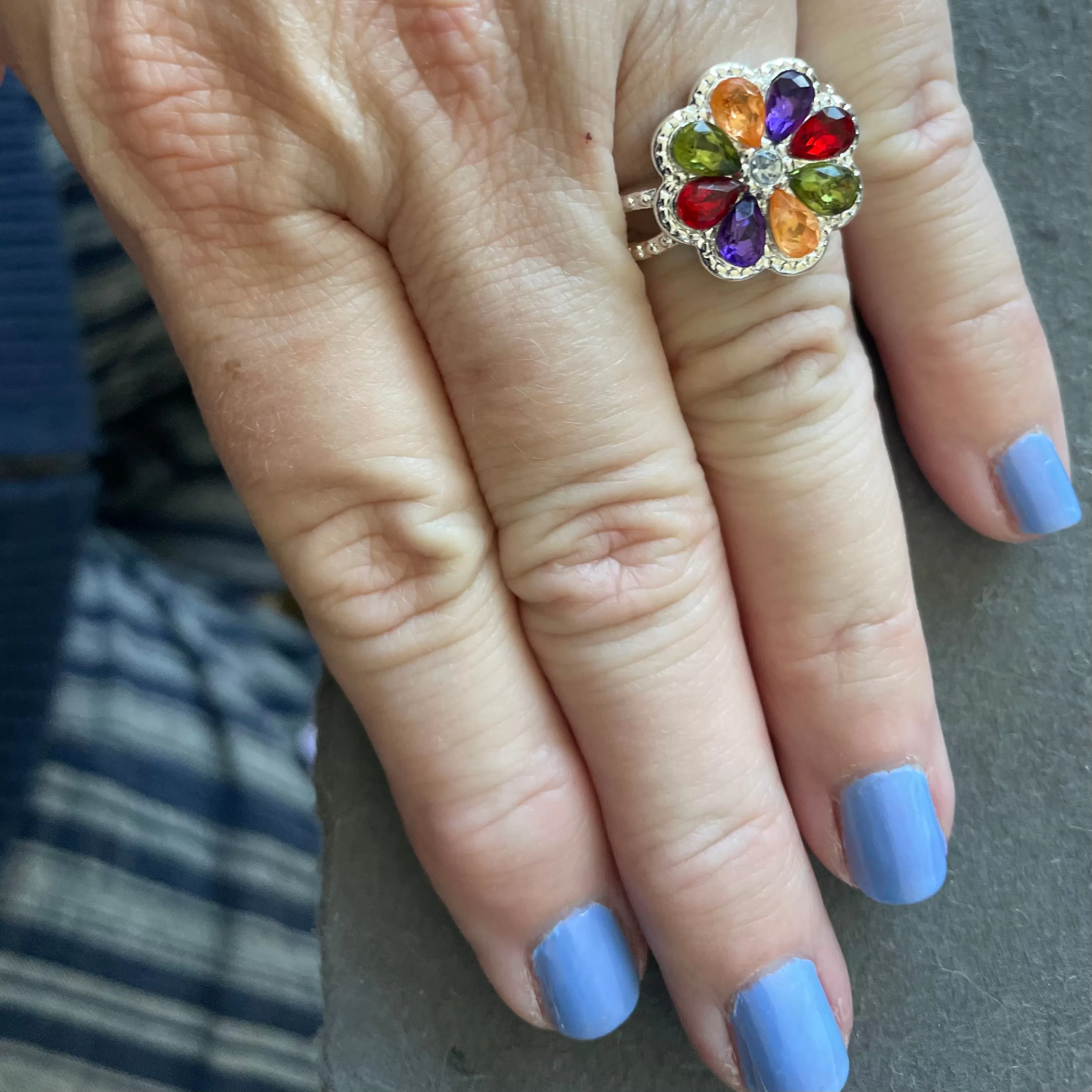 Sapphire Look Fun Flower Ring, Size 7