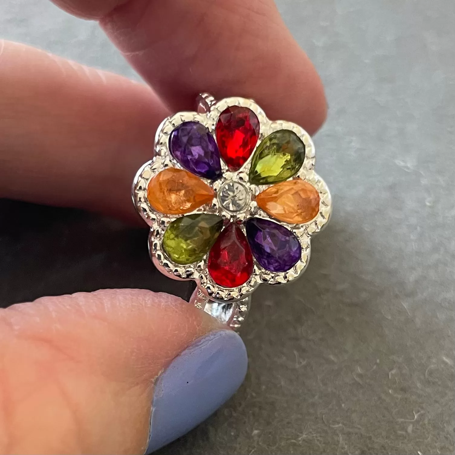 Sapphire Look Fun Flower Ring, Size 7