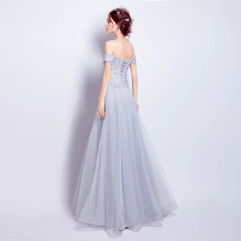 Silver Lace Prom Dress Off The Shoulder Cheap Long Prom Dress #ER171