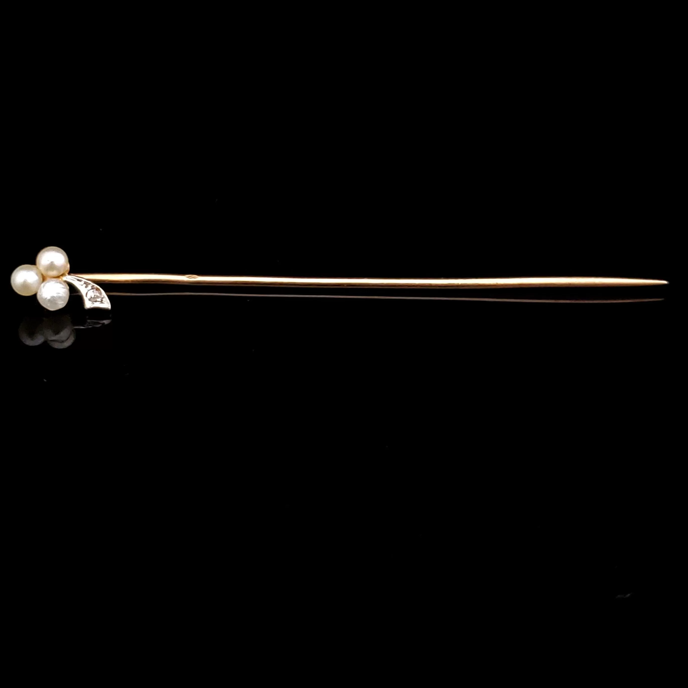 The Houma - Victorian Old Cut Diamond Pearl 14k Gold Clover Stick Pin