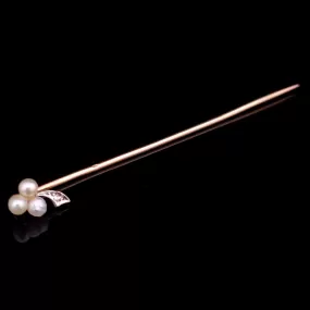 The Houma - Victorian Old Cut Diamond Pearl 14k Gold Clover Stick Pin