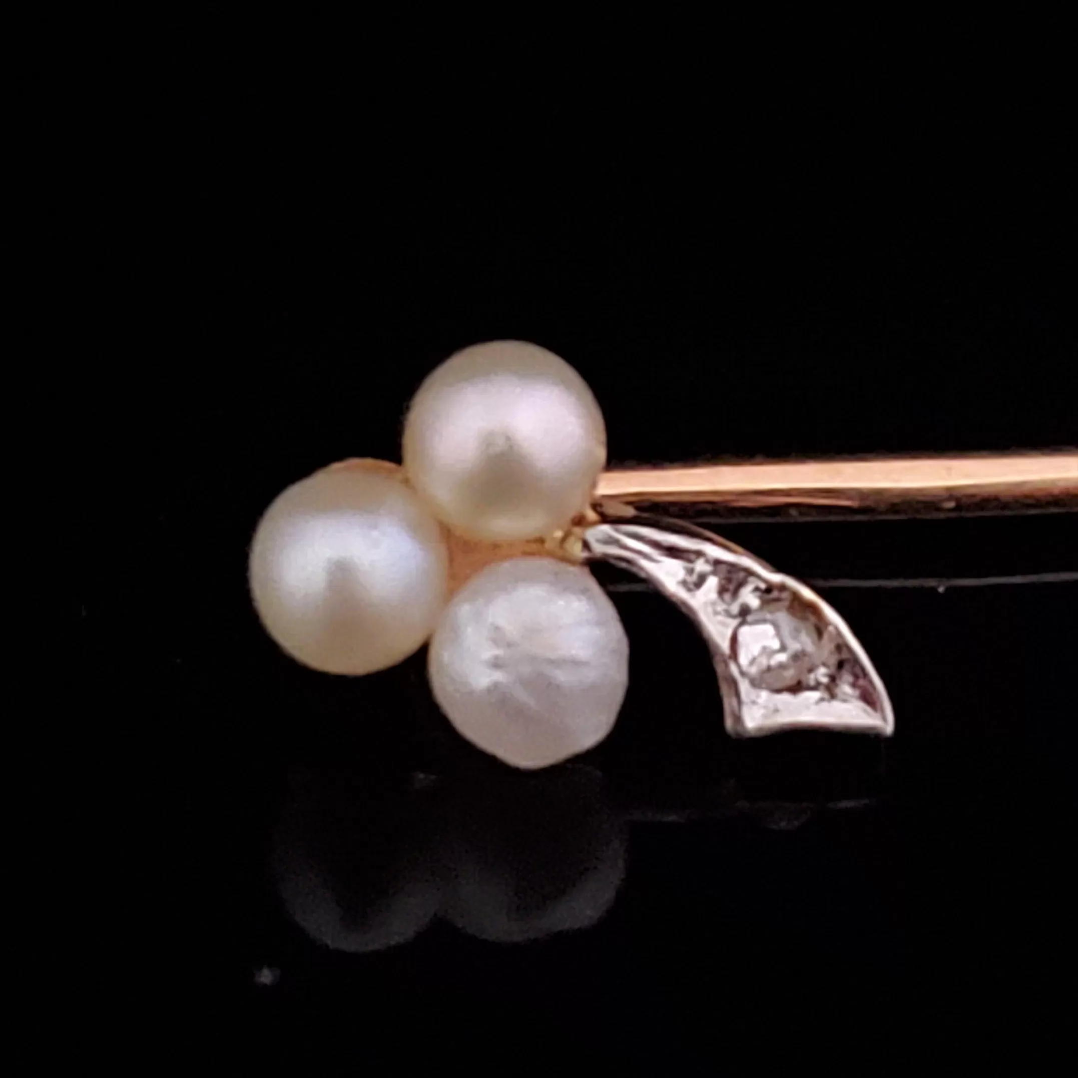 The Houma - Victorian Old Cut Diamond Pearl 14k Gold Clover Stick Pin