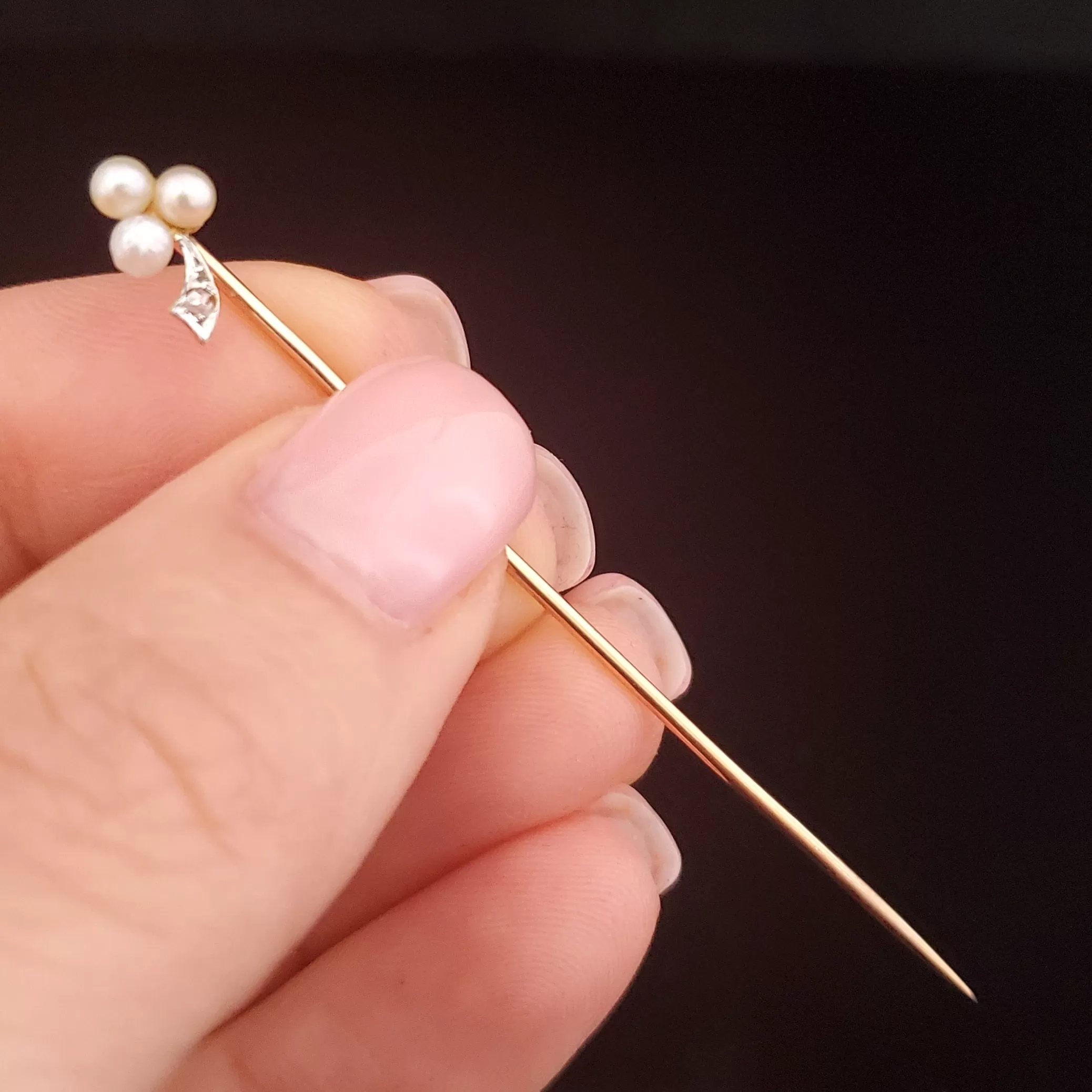 The Houma - Victorian Old Cut Diamond Pearl 14k Gold Clover Stick Pin