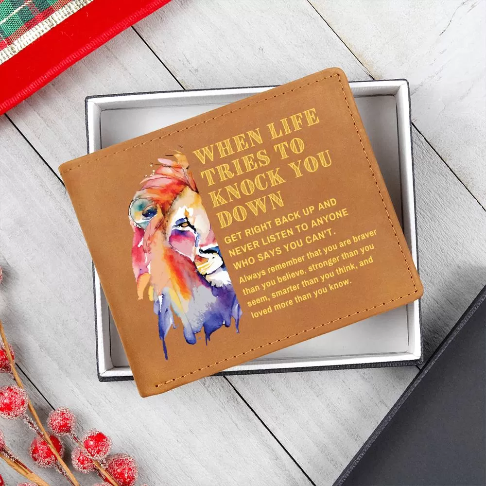 To Son Gift or Grandson Gift, Inspirational Graphic Leather Wallet, Watercolor Lion Head