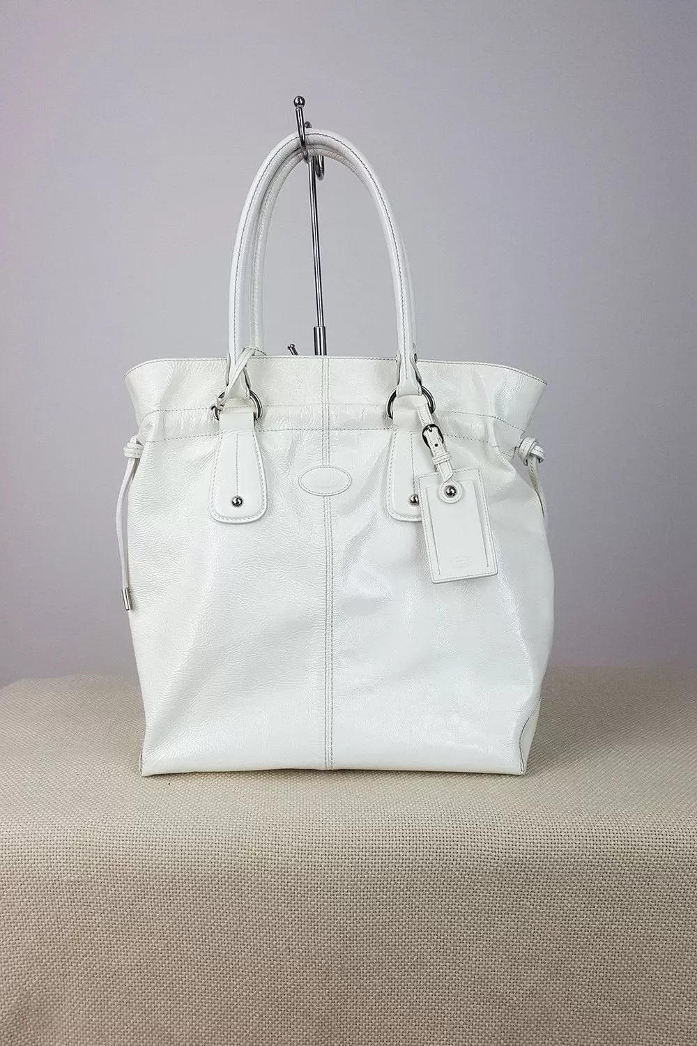 TOD'S White Patent Leather Shopper Bag