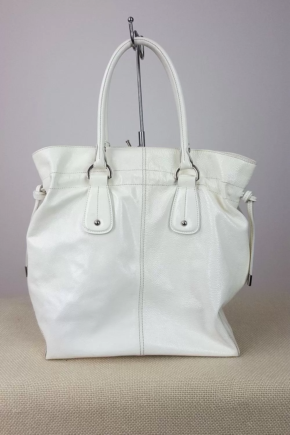 TOD'S White Patent Leather Shopper Bag