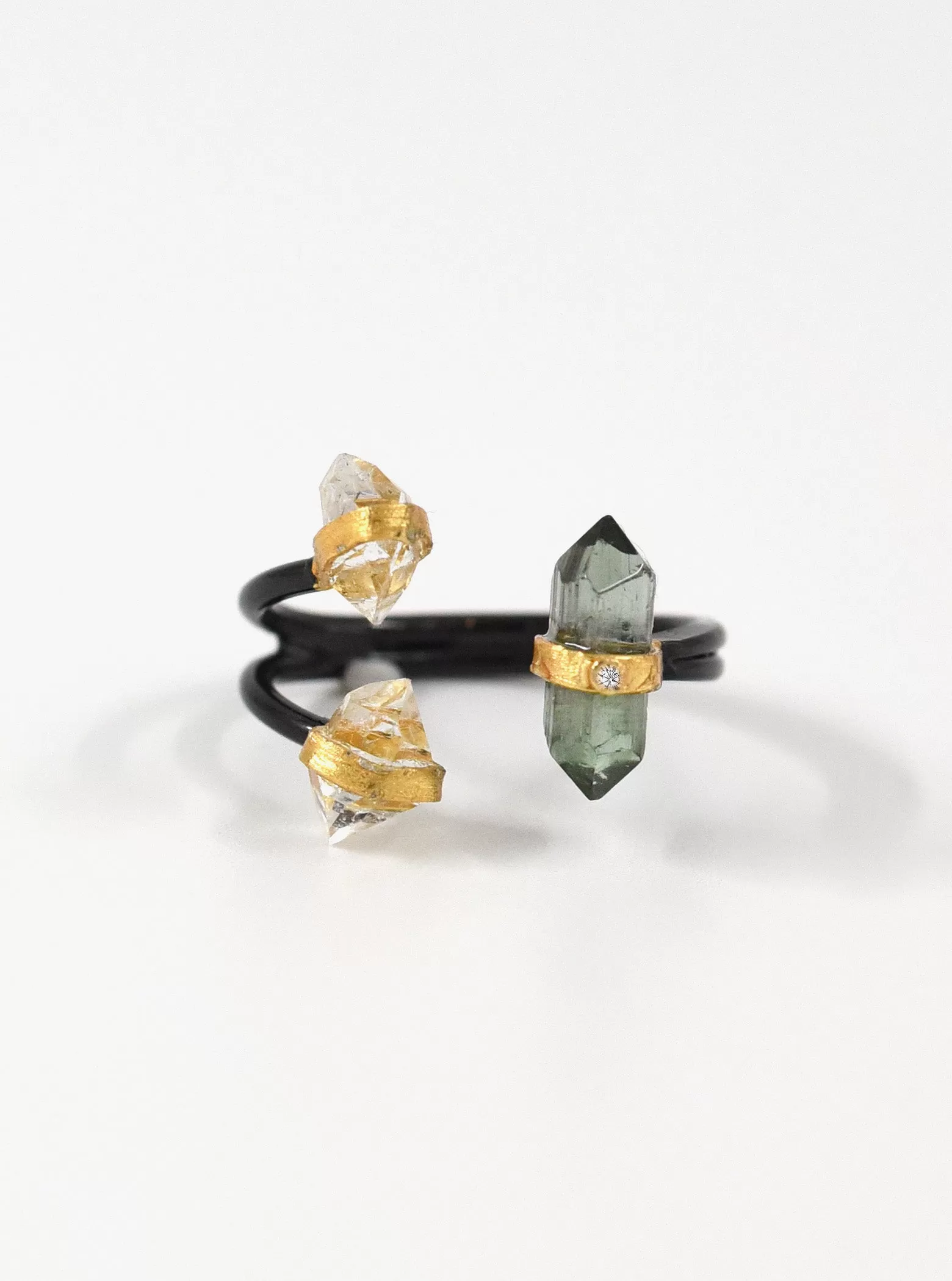 Triple Quartz Herkimer with Tourmaline Diamond Open Ring