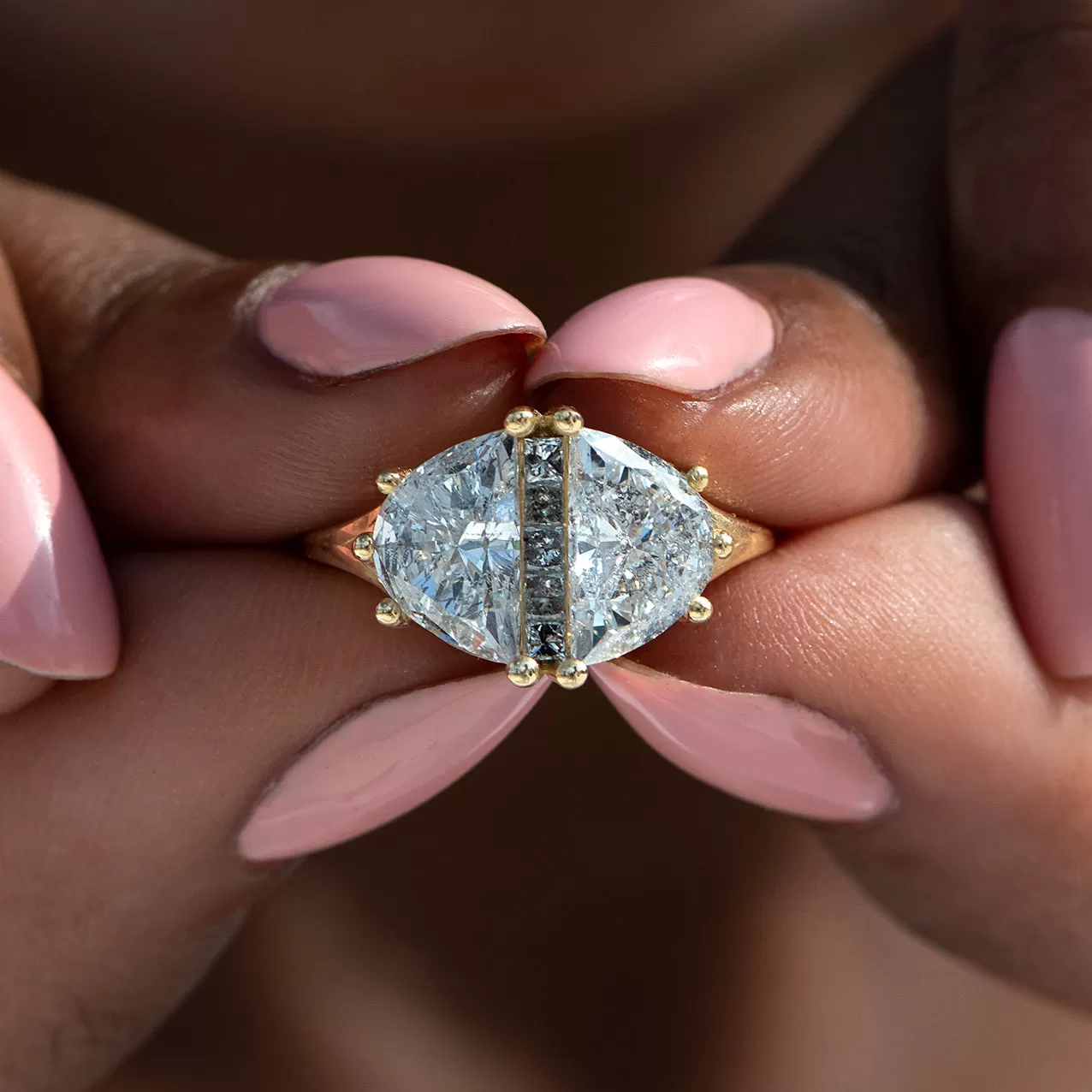 Two Carat Half Moon Engagement Ring with Unique Salt and Pepper Diamonds - OOAK