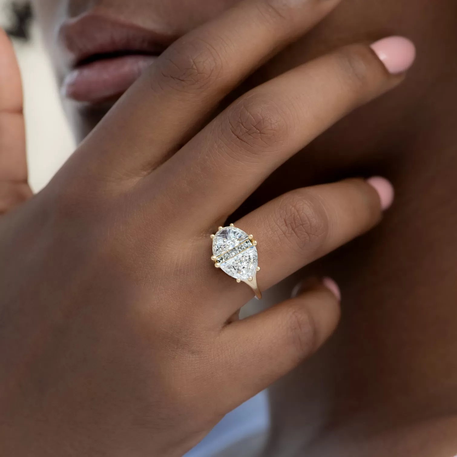 Two Carat Half Moon Engagement Ring with Unique Salt and Pepper Diamonds - OOAK