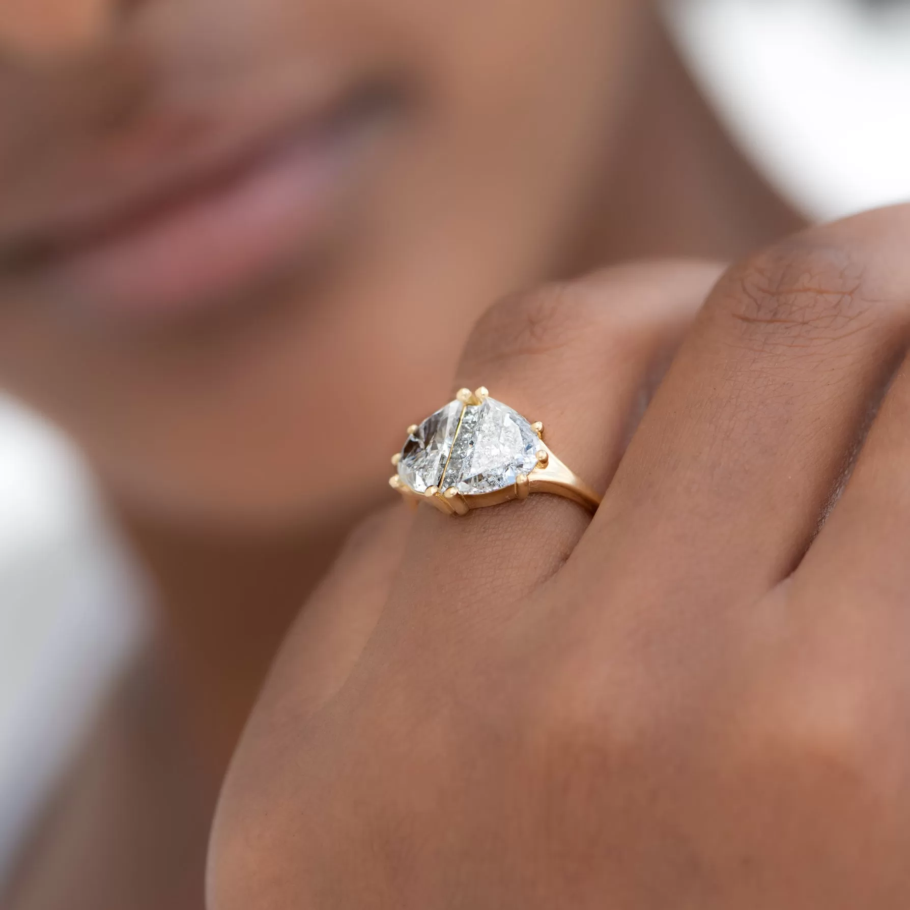 Two Carat Half Moon Engagement Ring with Unique Salt and Pepper Diamonds - OOAK