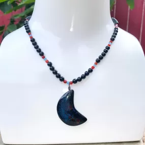 Unisex Agate moon on Onyx, Red Agate, Blue Topaz Gemstone Necklace