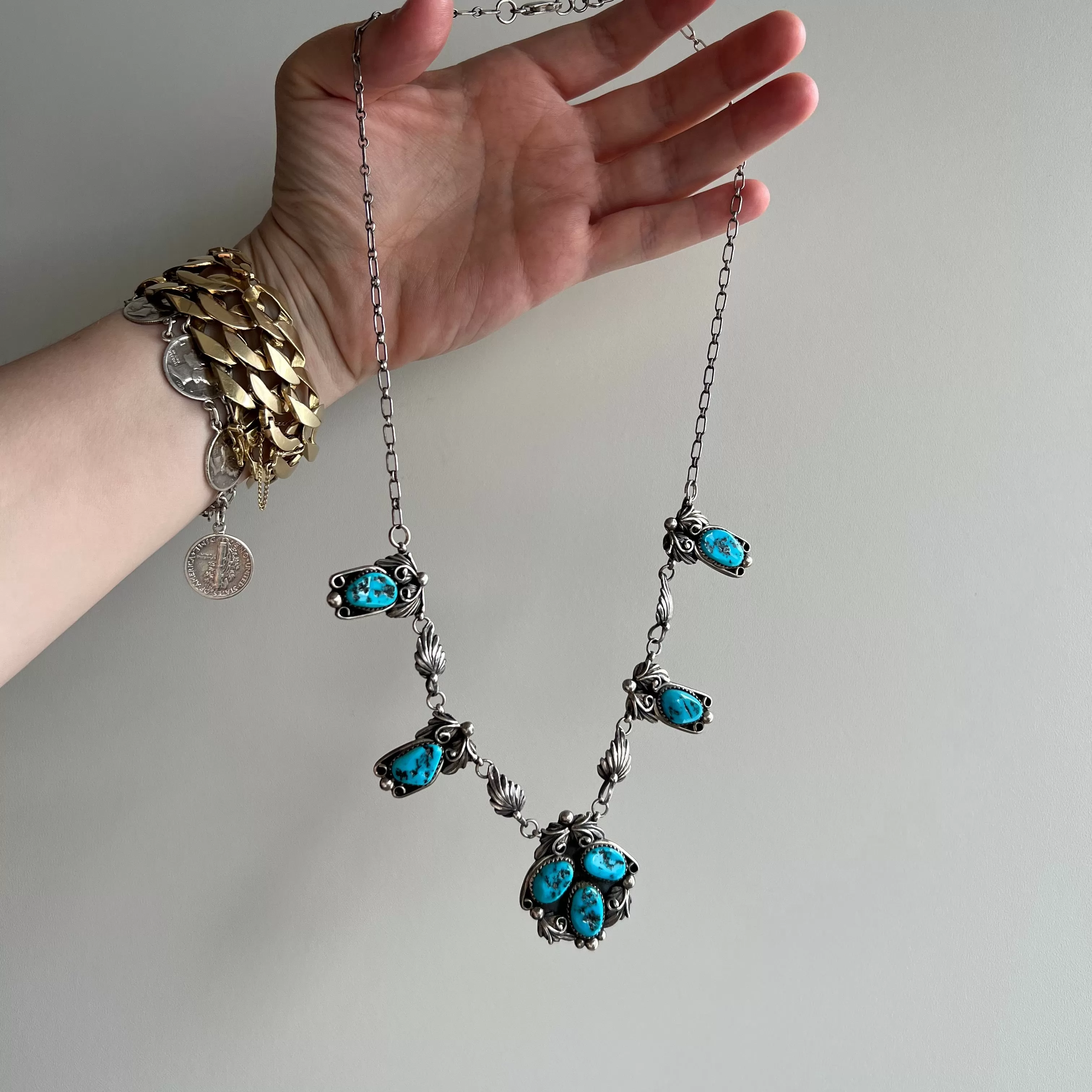 V I N T A G E // CW Paul Jr's blooms / sterling silver and turquoise signed artisan necklace / 21.25