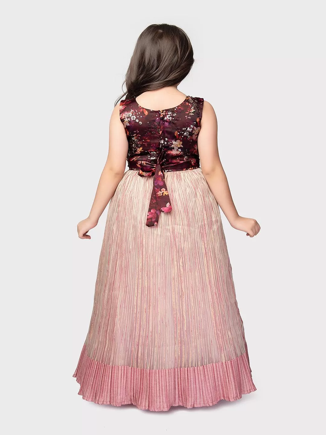 Wine Coloured Pleating Fabric Maxi Dress Gown For Girls