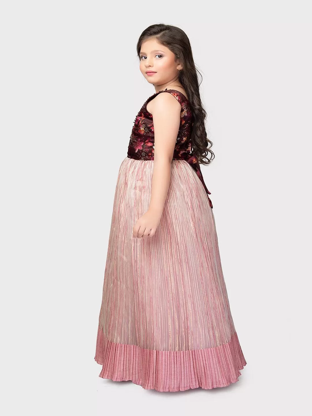 Wine Coloured Pleating Fabric Maxi Dress Gown For Girls