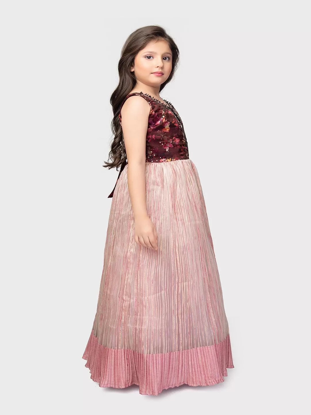 Wine Coloured Pleating Fabric Maxi Dress Gown For Girls