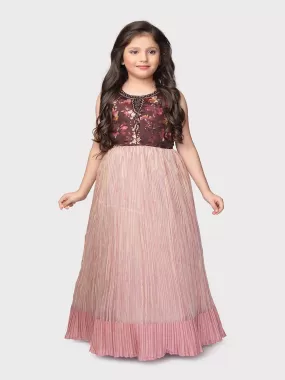 Wine Coloured Pleating Fabric Maxi Dress Gown For Girls