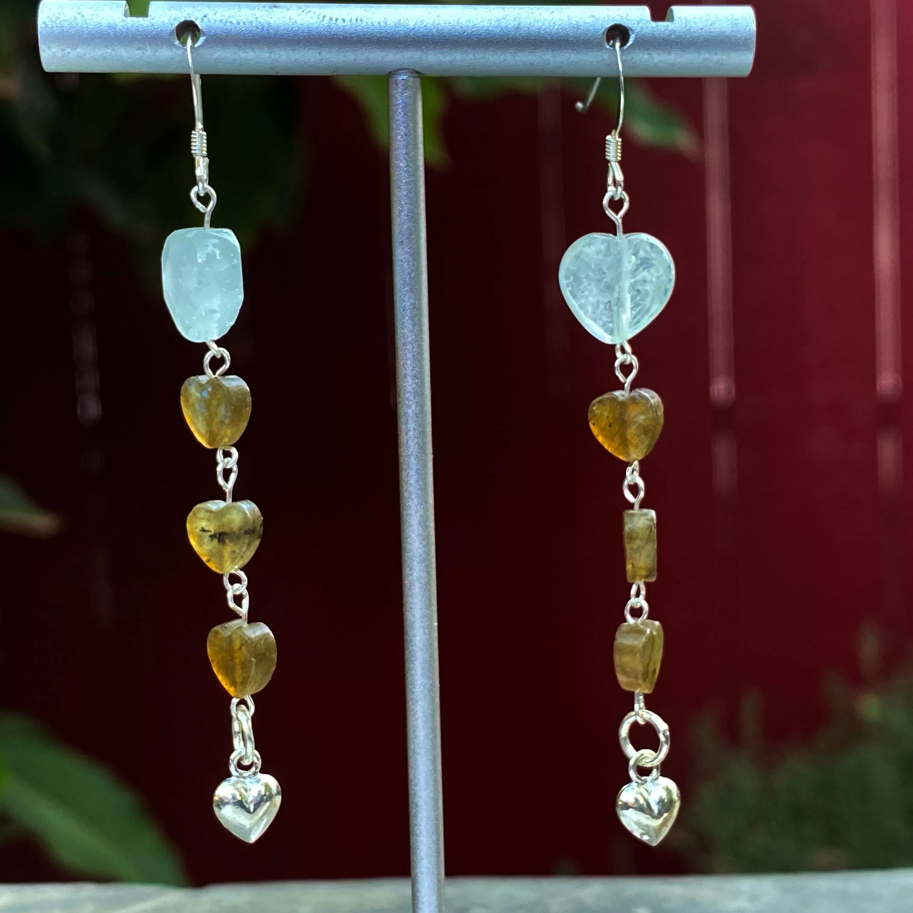 Women's Aquamarine and Labradorite heart earrings with sterling silver hearts