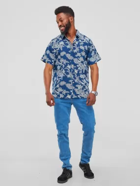 Zetu Men's Makena Flower Print Button Down Short Sleeved Shirt - Blue